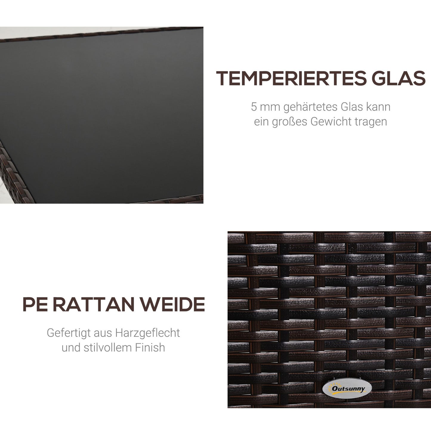 Outdoor dining table - Glass & Polyrattan, Brown & Black, 150x85cm