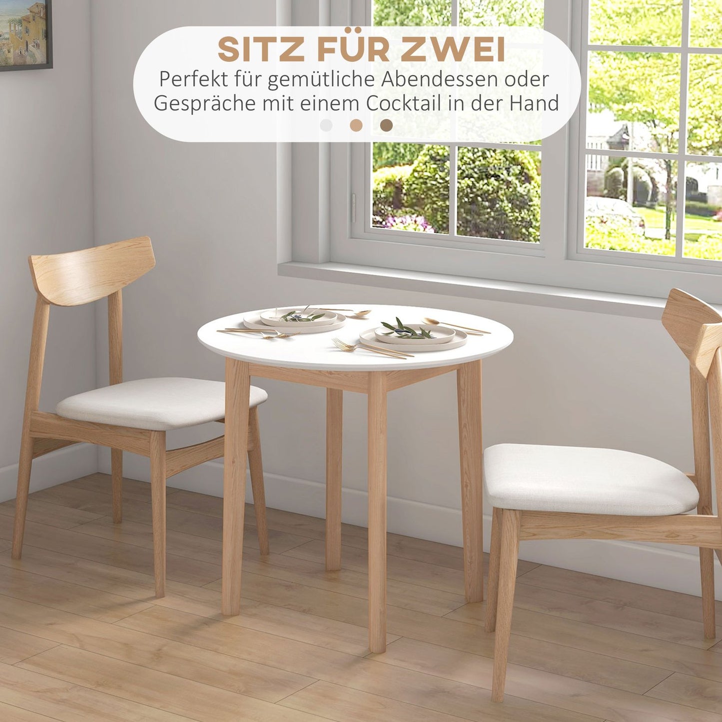 Round dining table for 2, solid wood, 75 cm, white finish