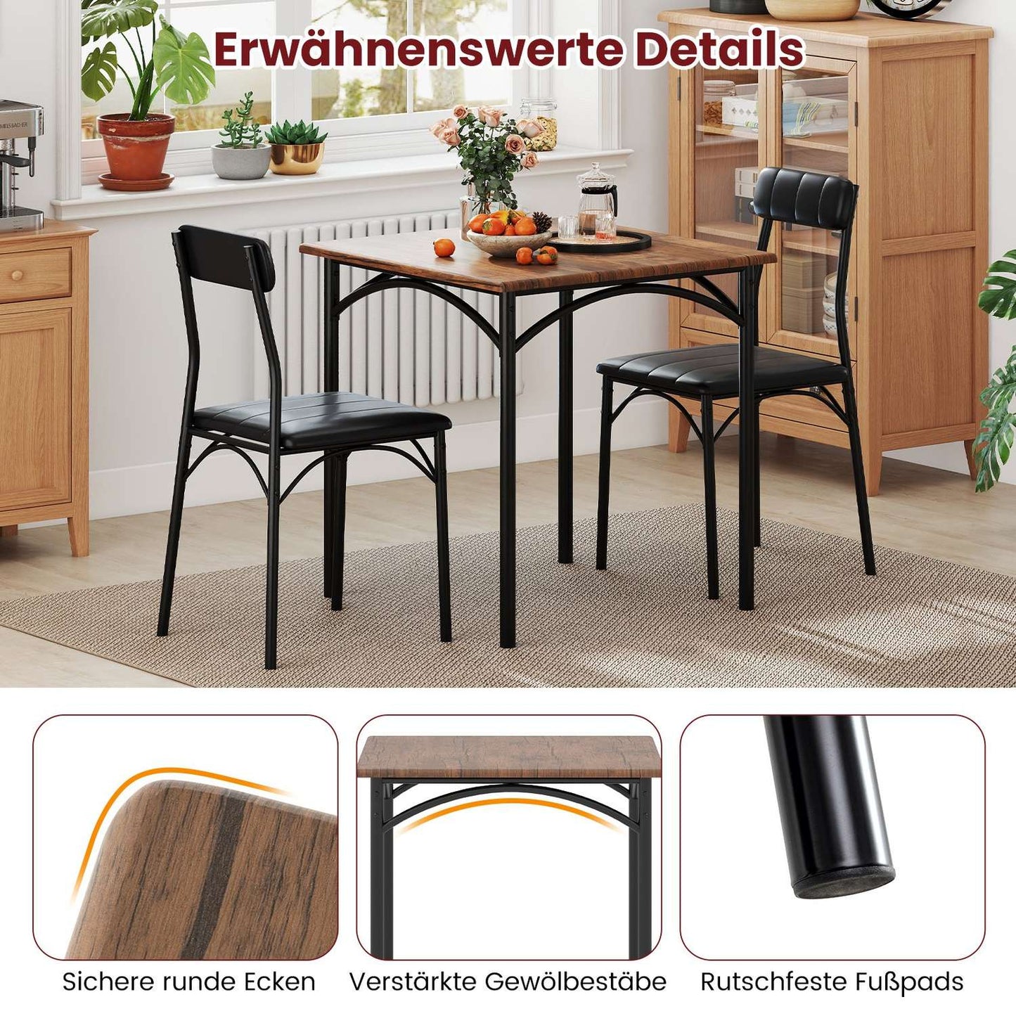 Dining Table Set for 2 with Padded Chairs, Space-Saving Design