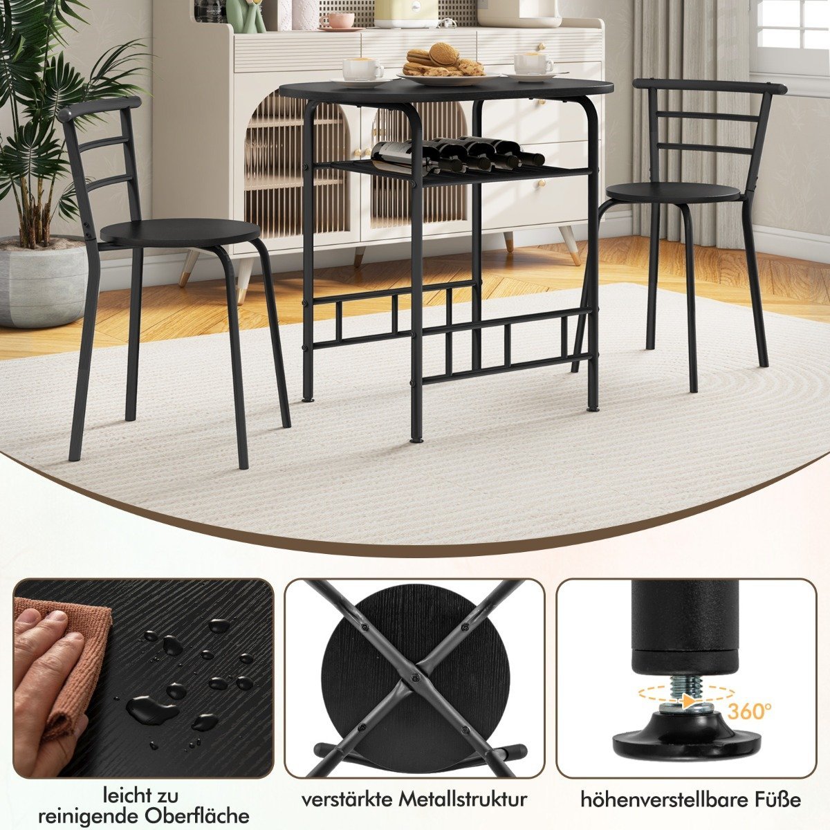 Dining Table Set with 2 Chairs, Space-Saving, Black
