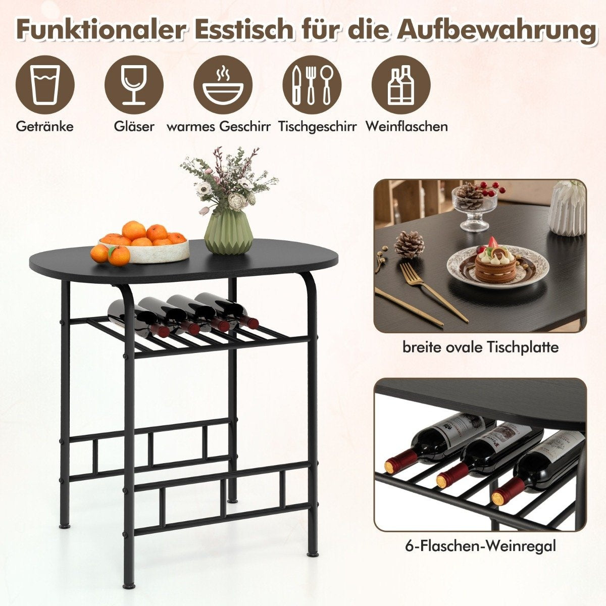 Dining Table Set with 2 Chairs, Space-Saving, Black