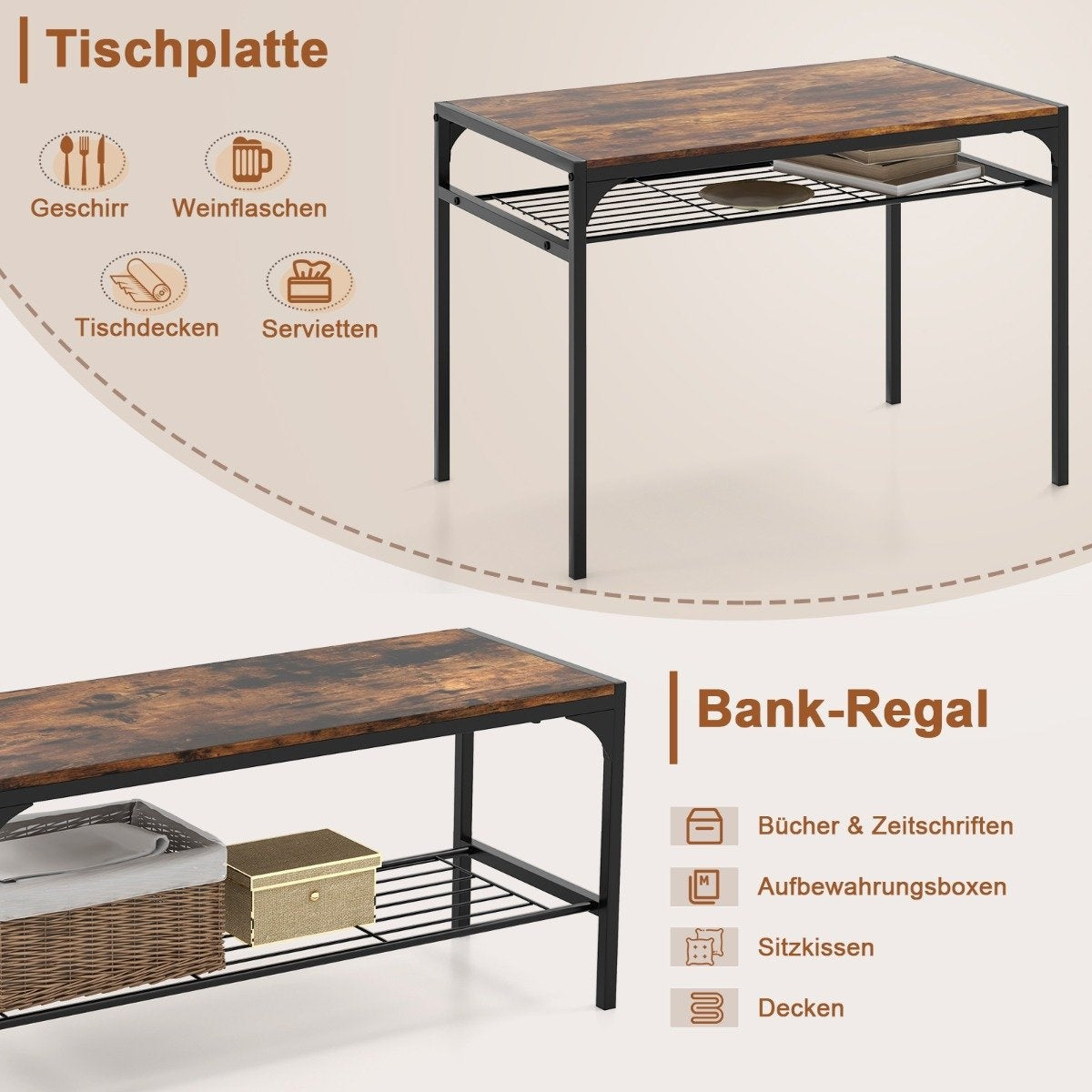 Dining Table Set with Storage – Table, 2 Chairs, Bench