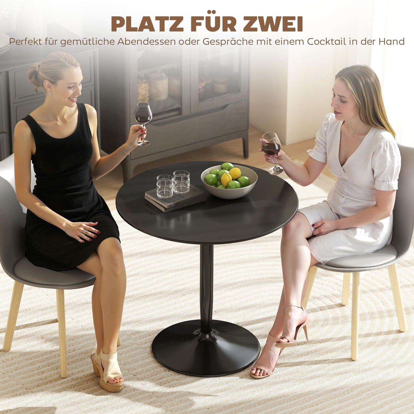 Dining Table for 2, Round 80 cm, MDF & Steel, Black