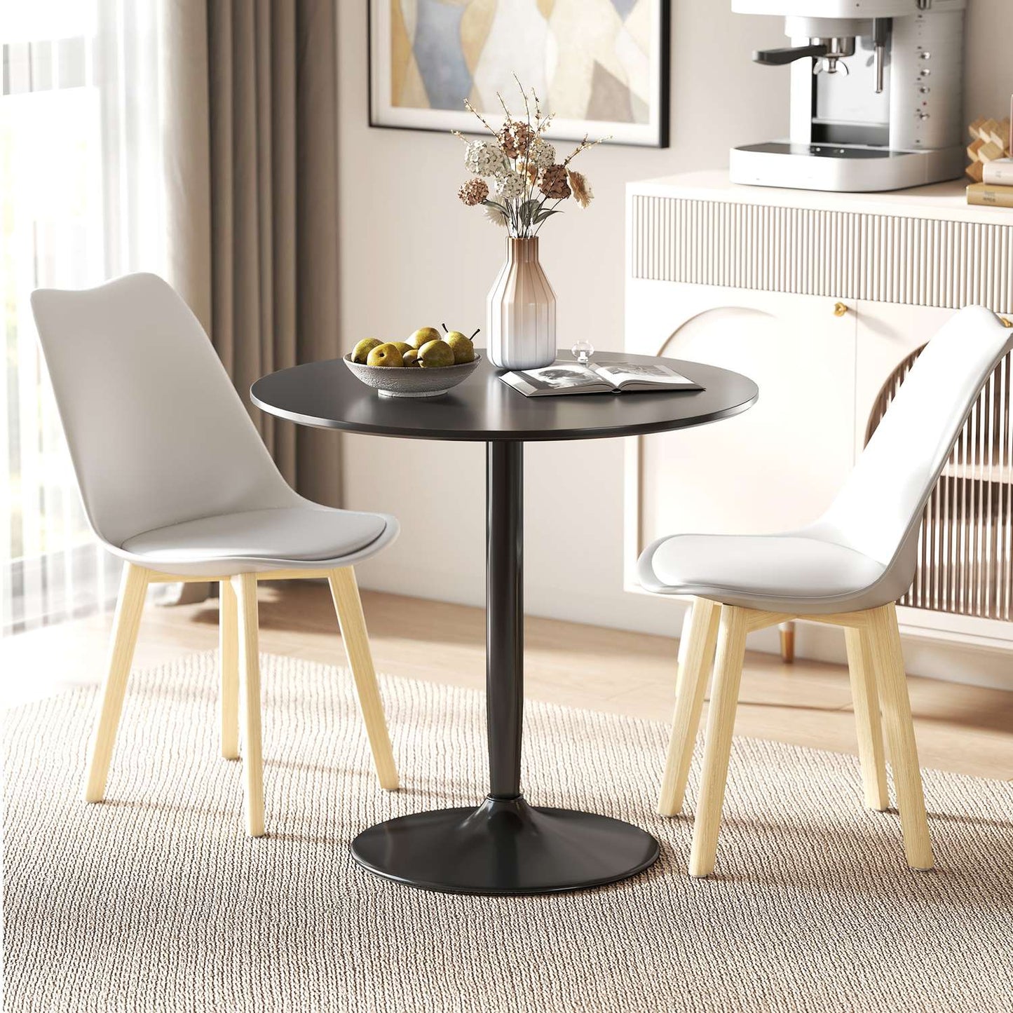 Dining Table for 2, Round 80 cm, MDF & Steel, Black