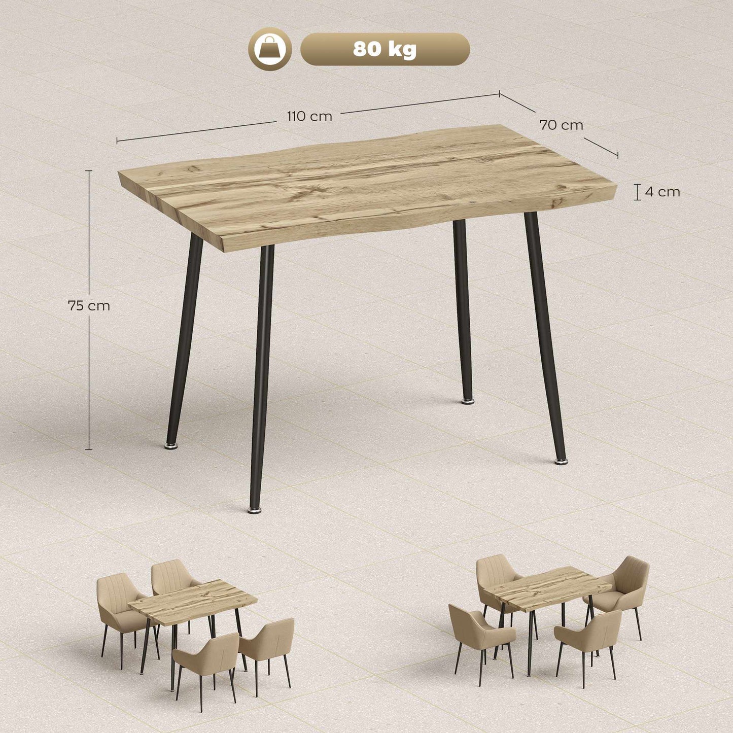 Dining Table for 4, 110 cm Oak with Steel Legs
