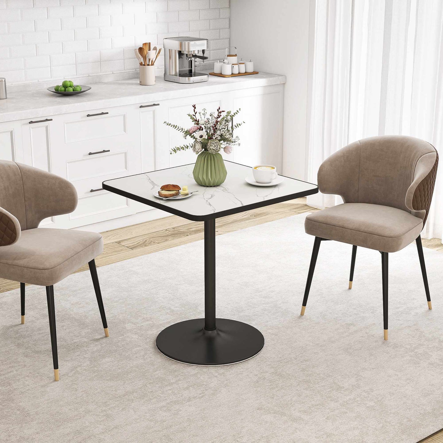 Dining Table for 4, White Marble Top, Metal Base