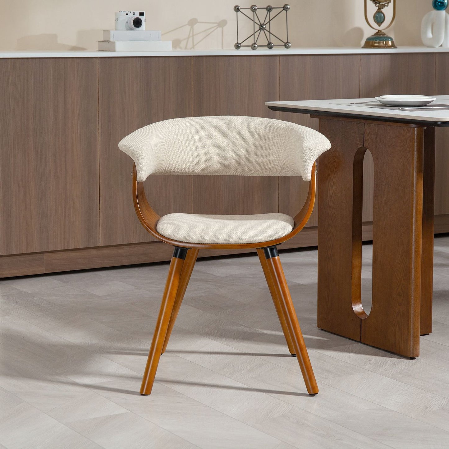Dining chair, linen-look fabric, curved backrest, wooden legs, beige