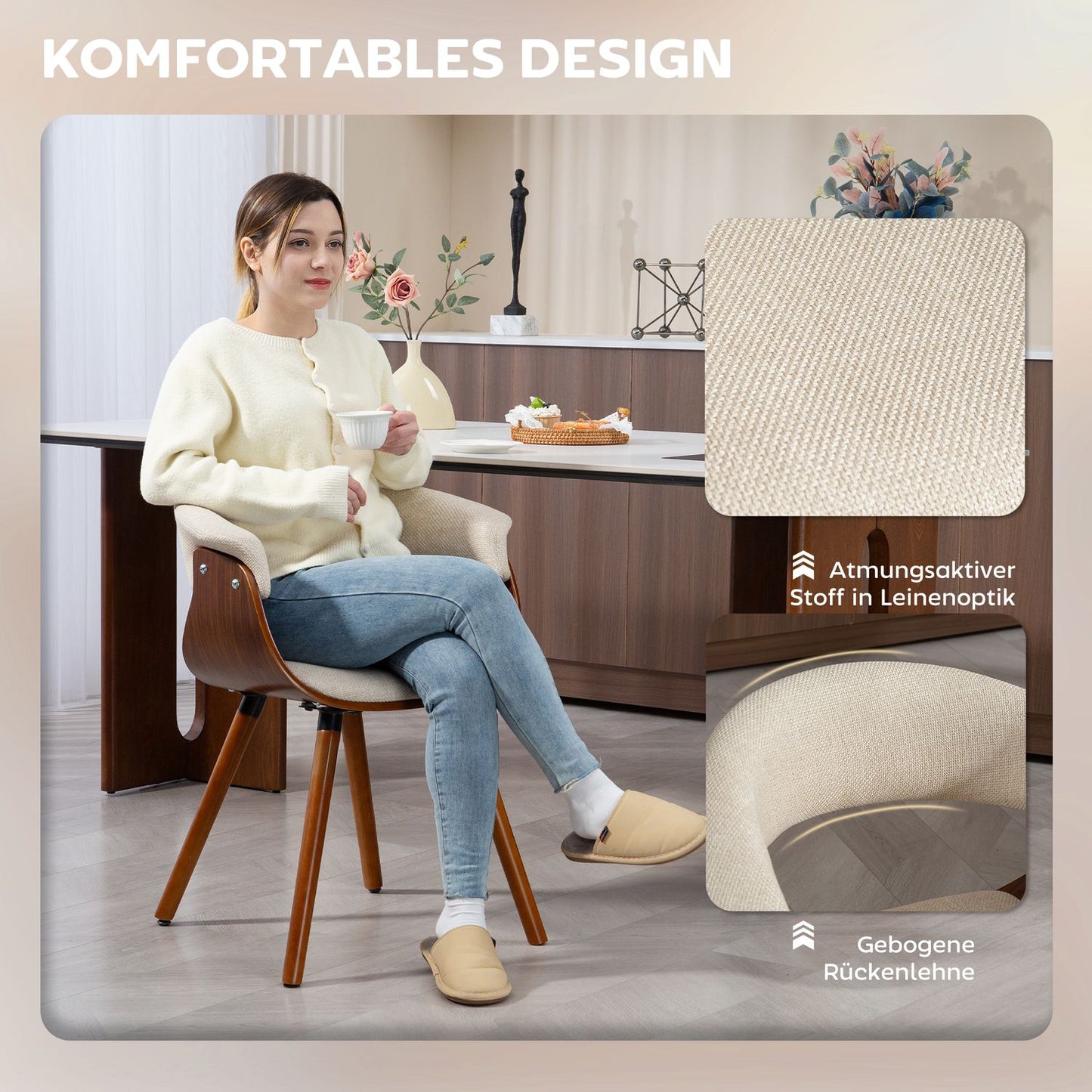 Dining chair, linen-look fabric, curved backrest, wooden legs, beige