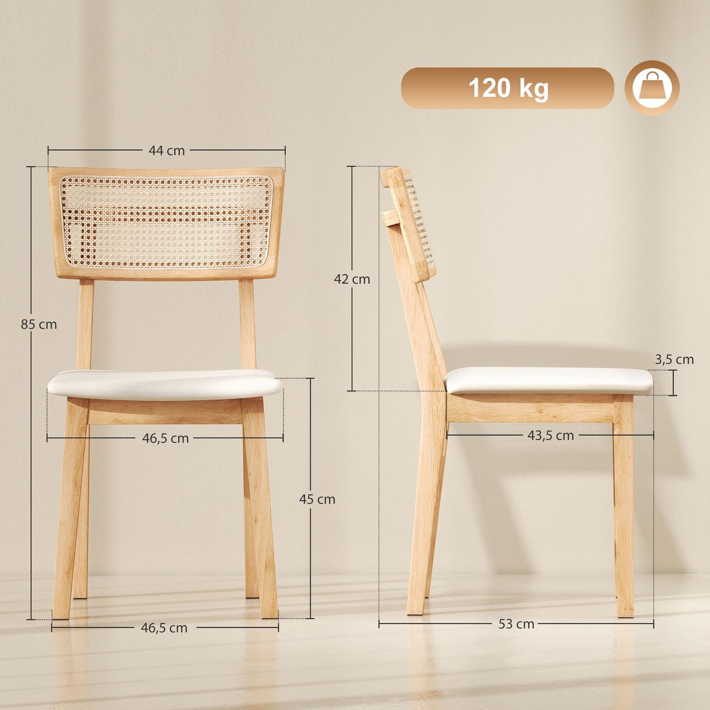 Dining chair, rattan backrest, imitation leather seat, rubber wood, natural wood