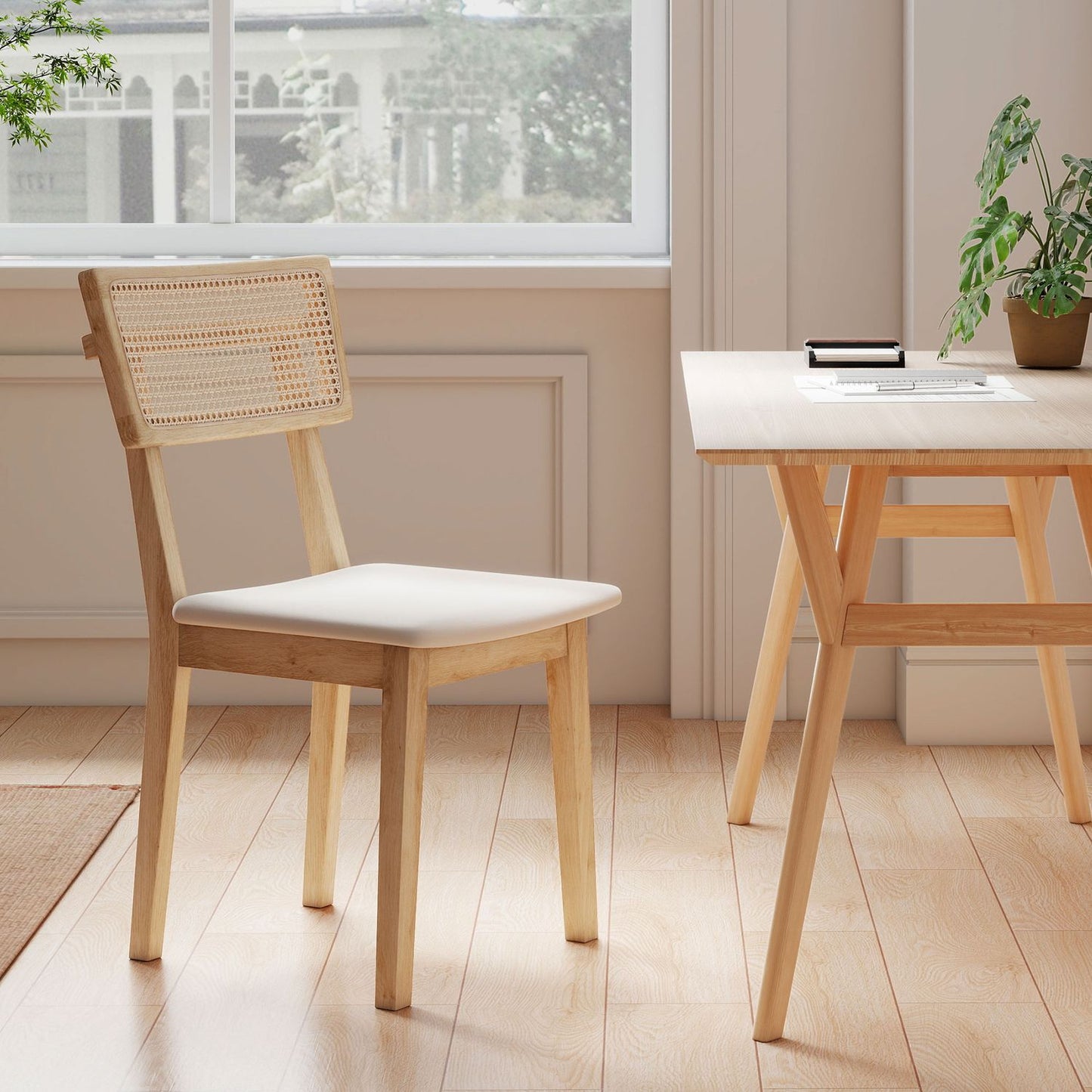 Dining chair, rattan backrest, imitation leather seat, rubber wood, natural wood