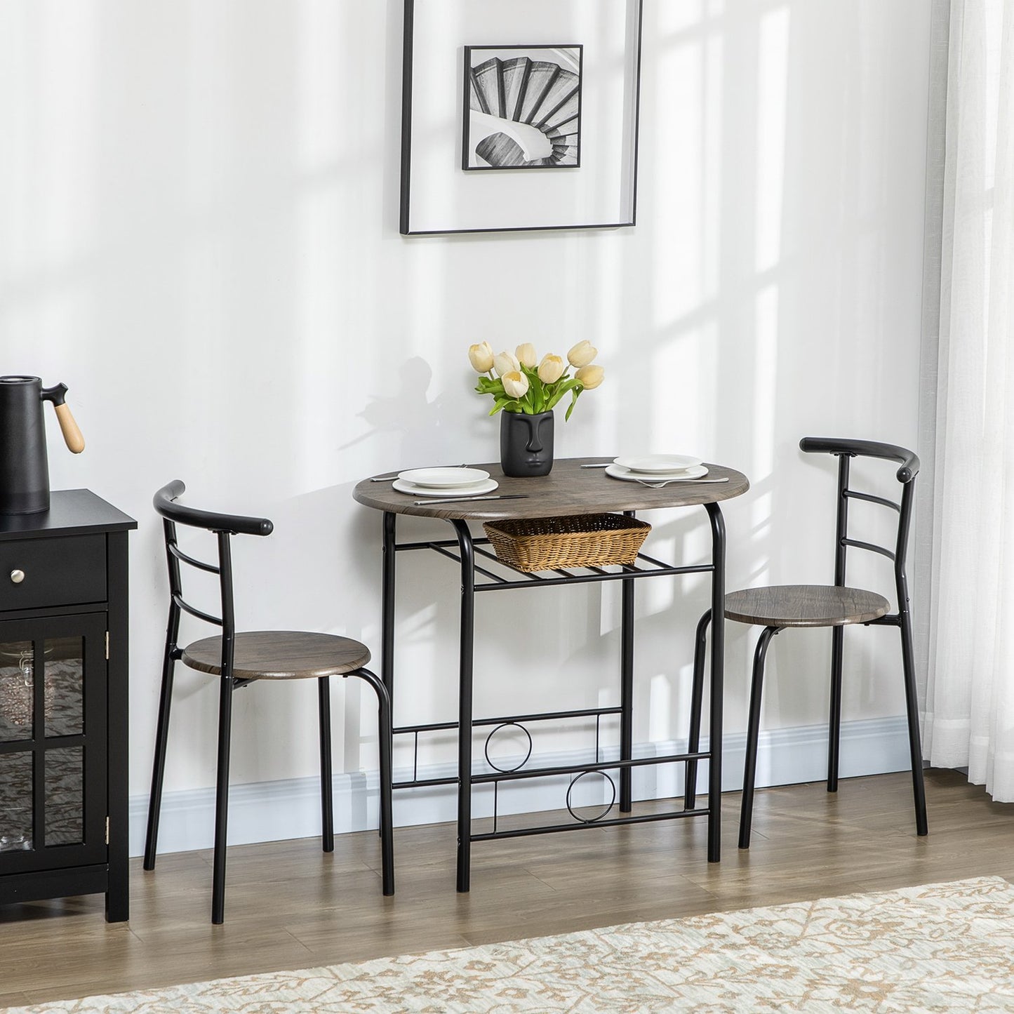 Black oval kitchen dining table set with storage, metal