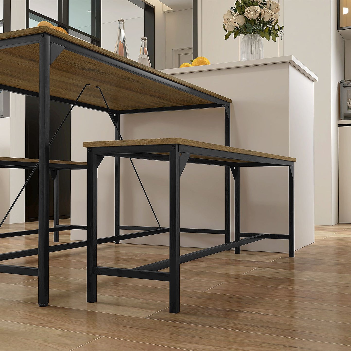 Dining table set with 2 benches for 4 - Natural finish