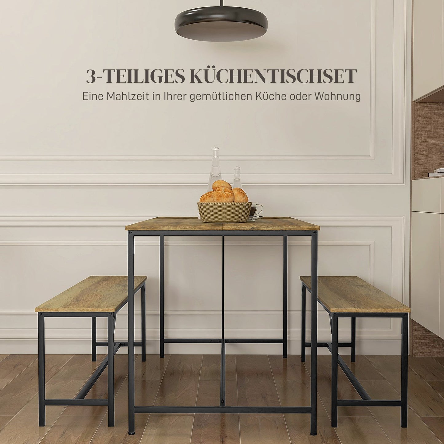 Dining table set with 2 benches for 4 - Natural finish