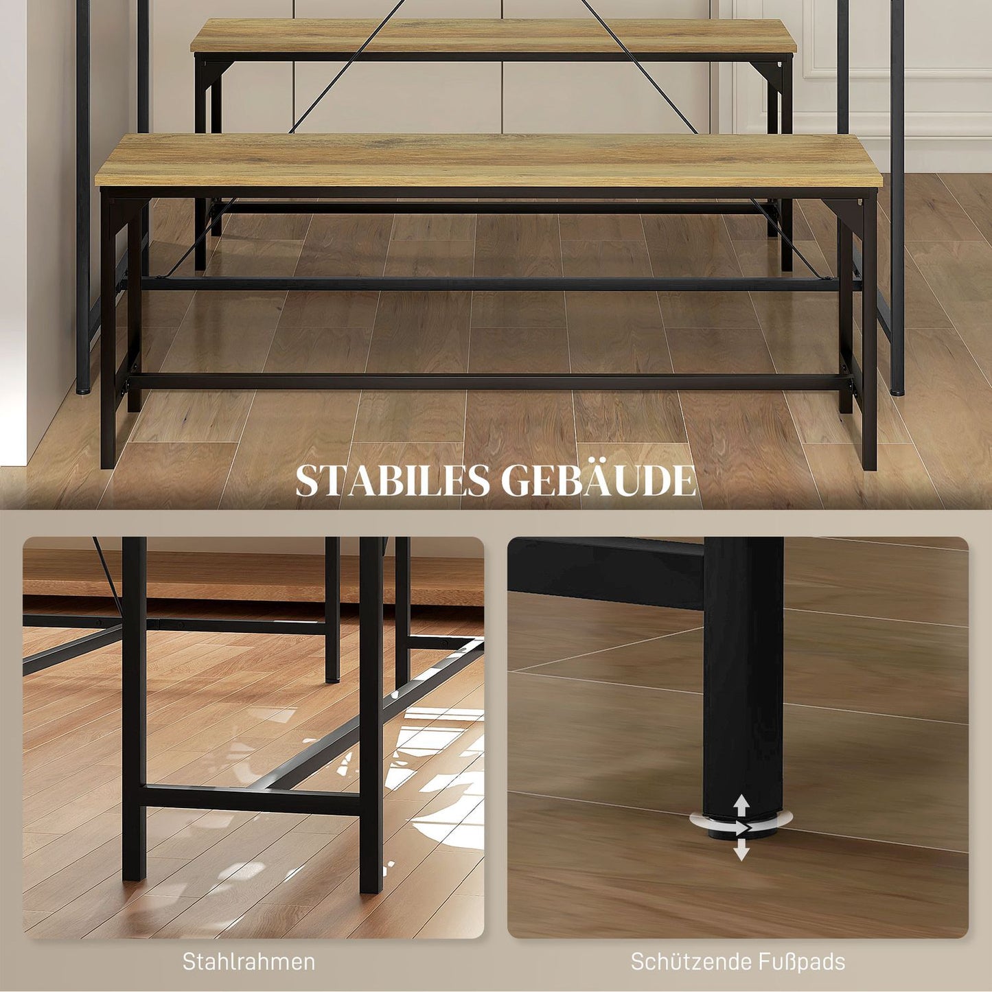 Dining table set with 2 benches for 4 - Natural finish