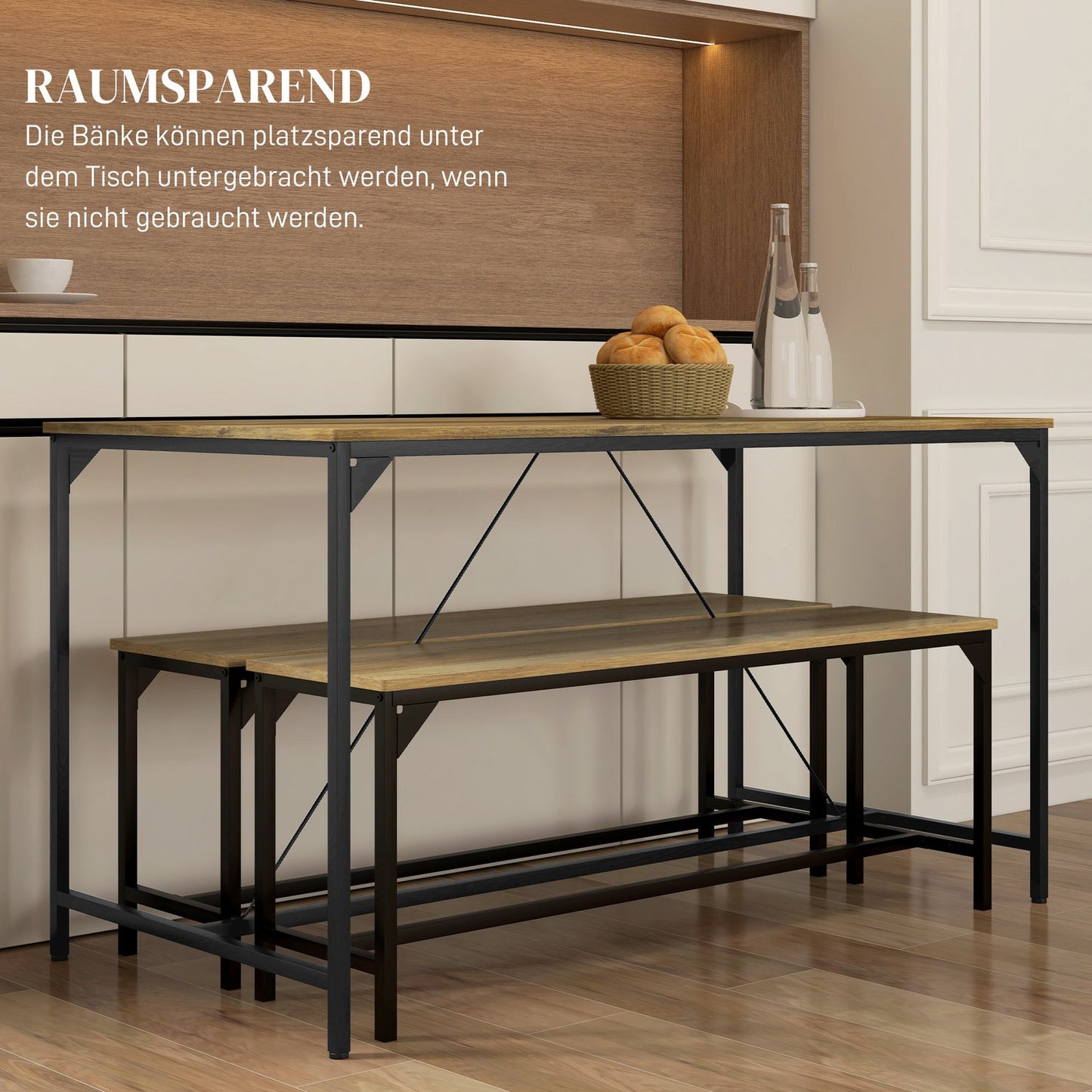 Dining table set with 2 benches for 4 - Natural finish