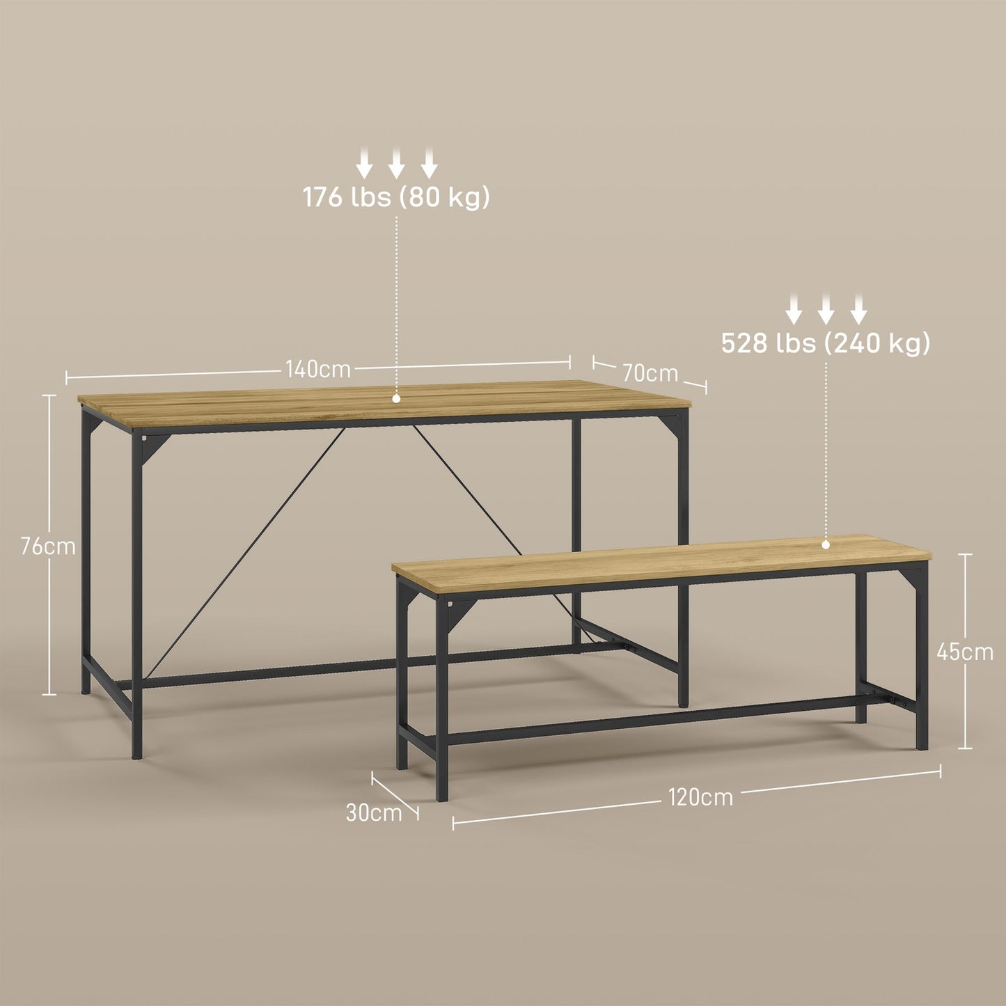 Dining table set with 2 benches for 4 - Natural finish