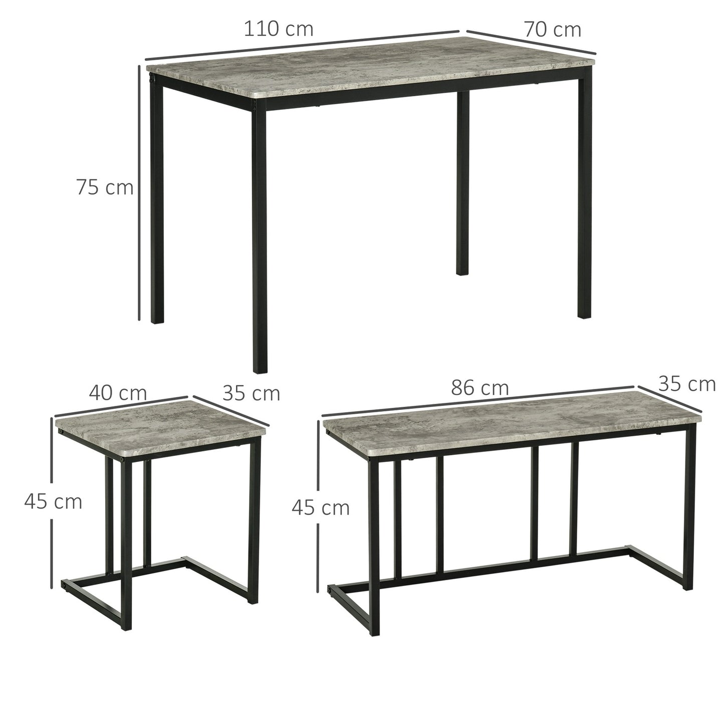 Kitchen table set with 3 benches for 4 - Grey