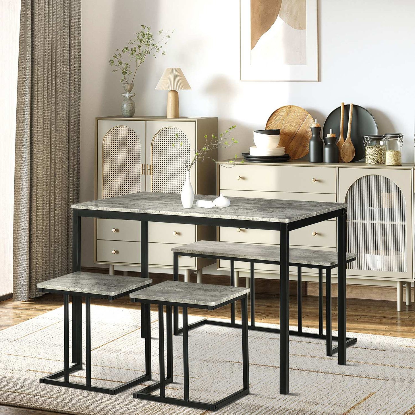 Kitchen table set with 3 benches for 4 - Grey