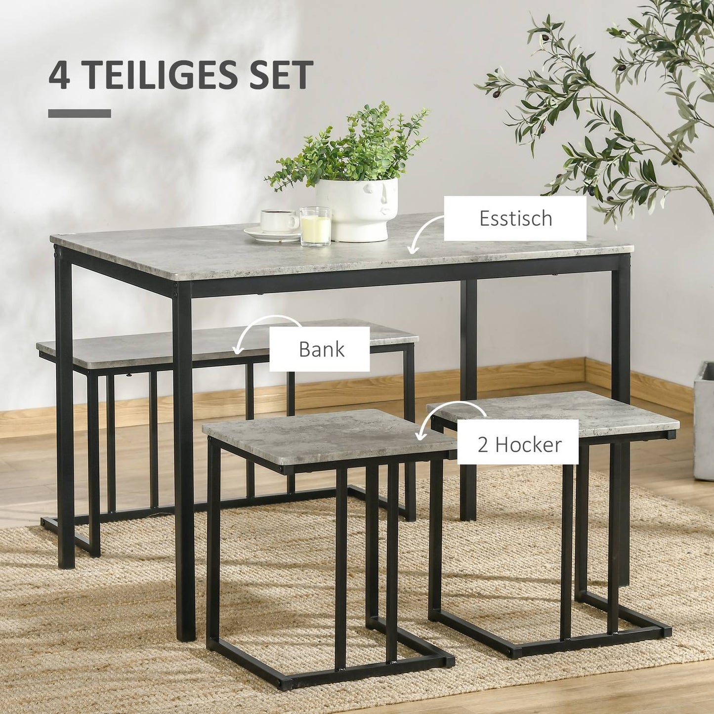 Kitchen table set with 3 benches for 4 - Grey