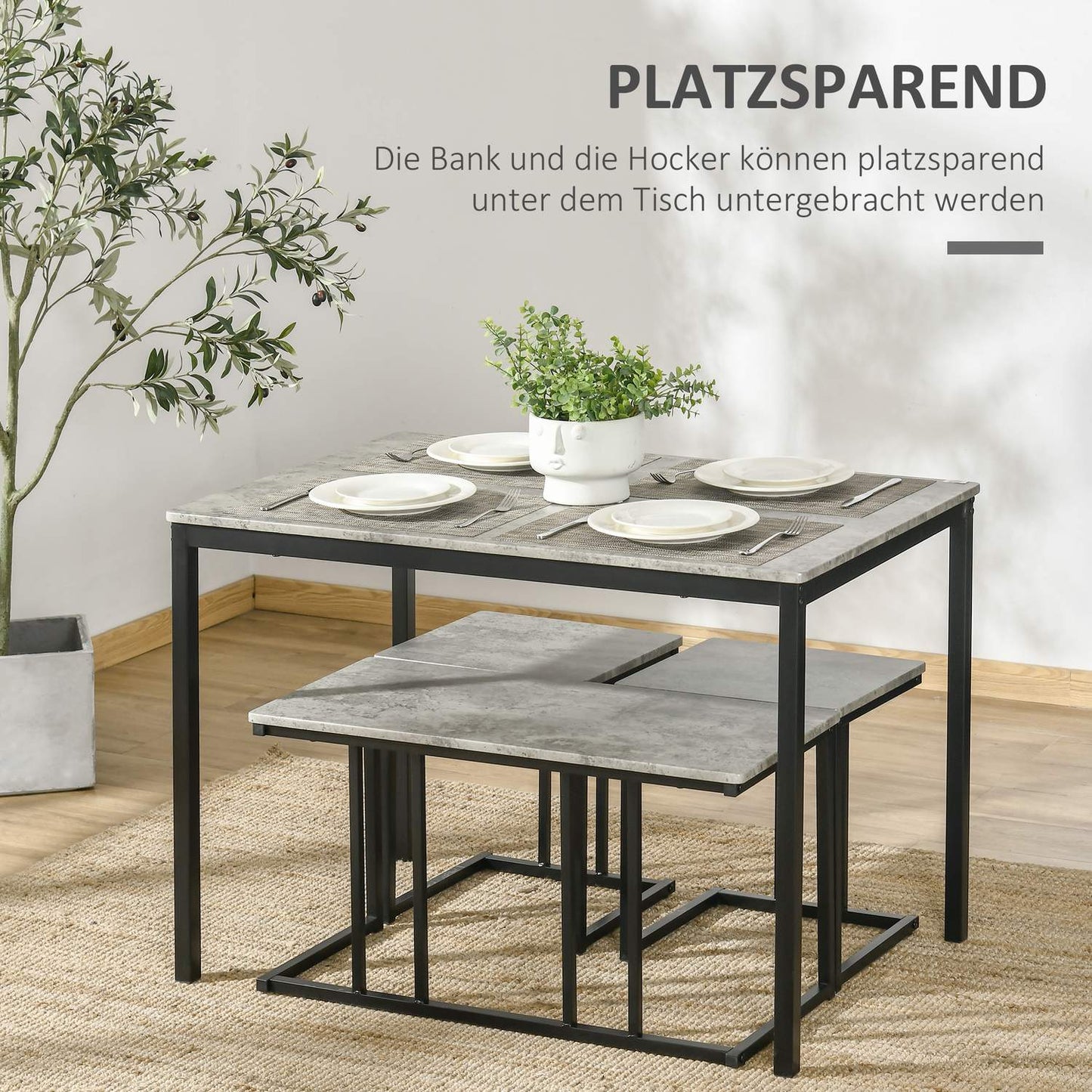 Kitchen table set with 3 benches for 4 - Grey