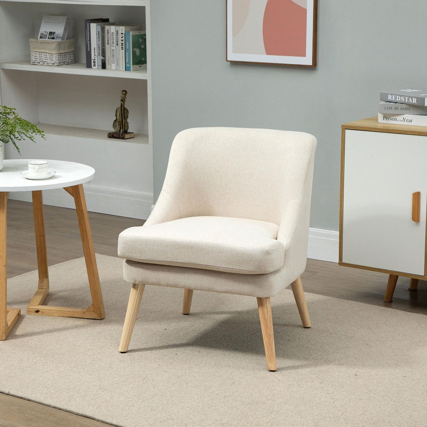 Modern armrest dining chair - linen upholstery, wood, white