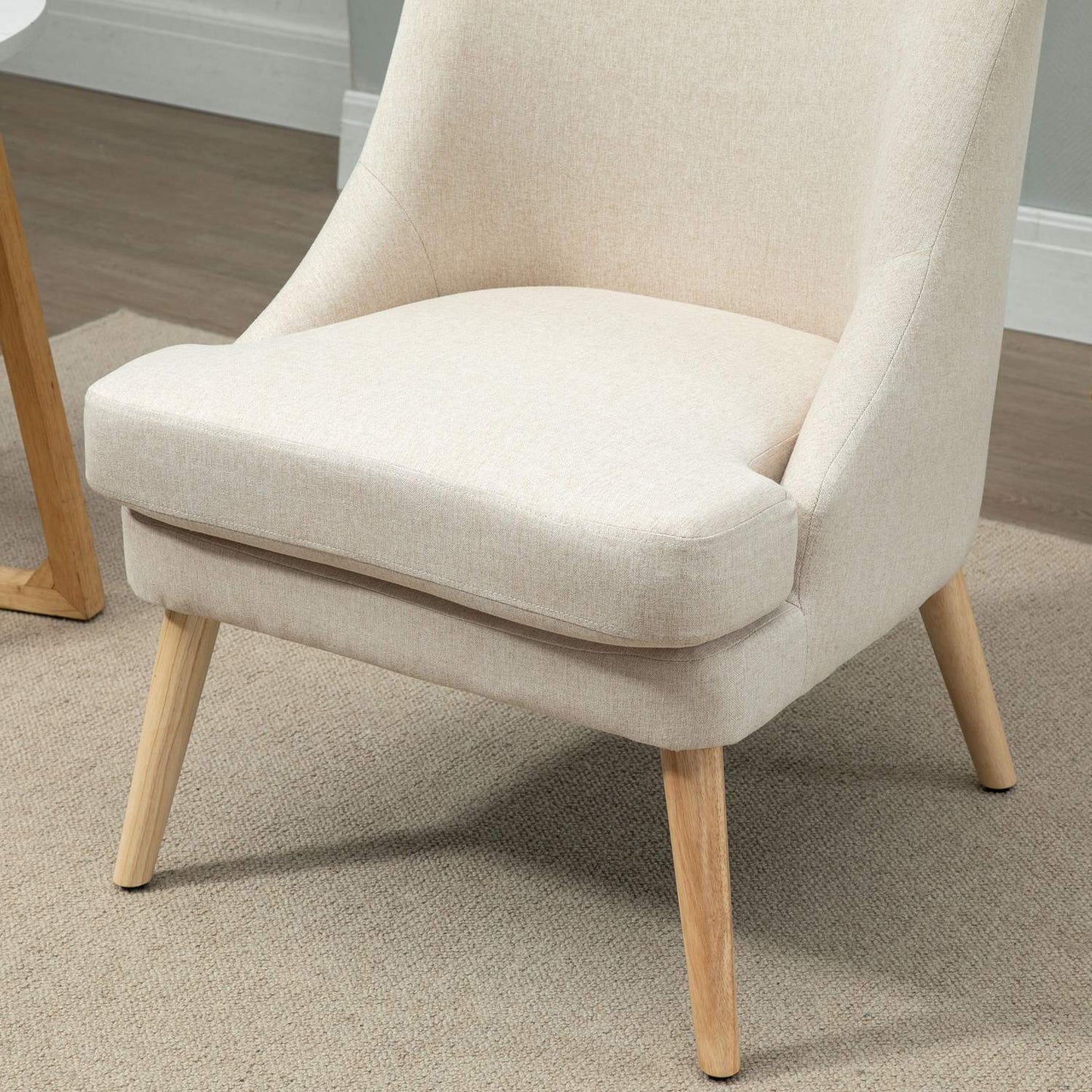 Modern armrest dining chair - linen upholstery, wood, white