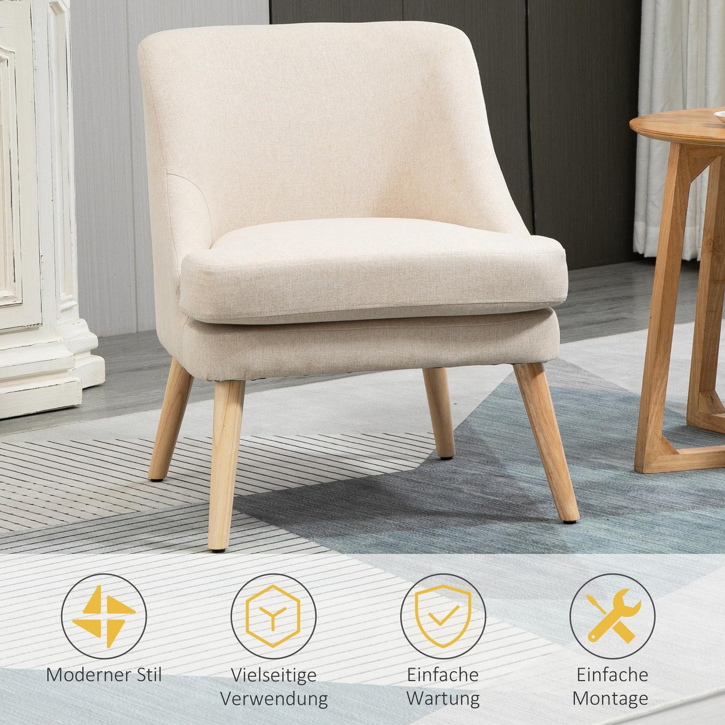 Modern armrest dining chair - linen upholstery, wood, white