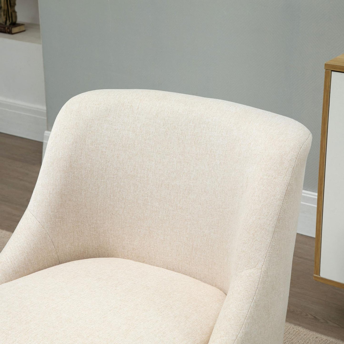 Modern armrest dining chair - linen upholstery, wood, white