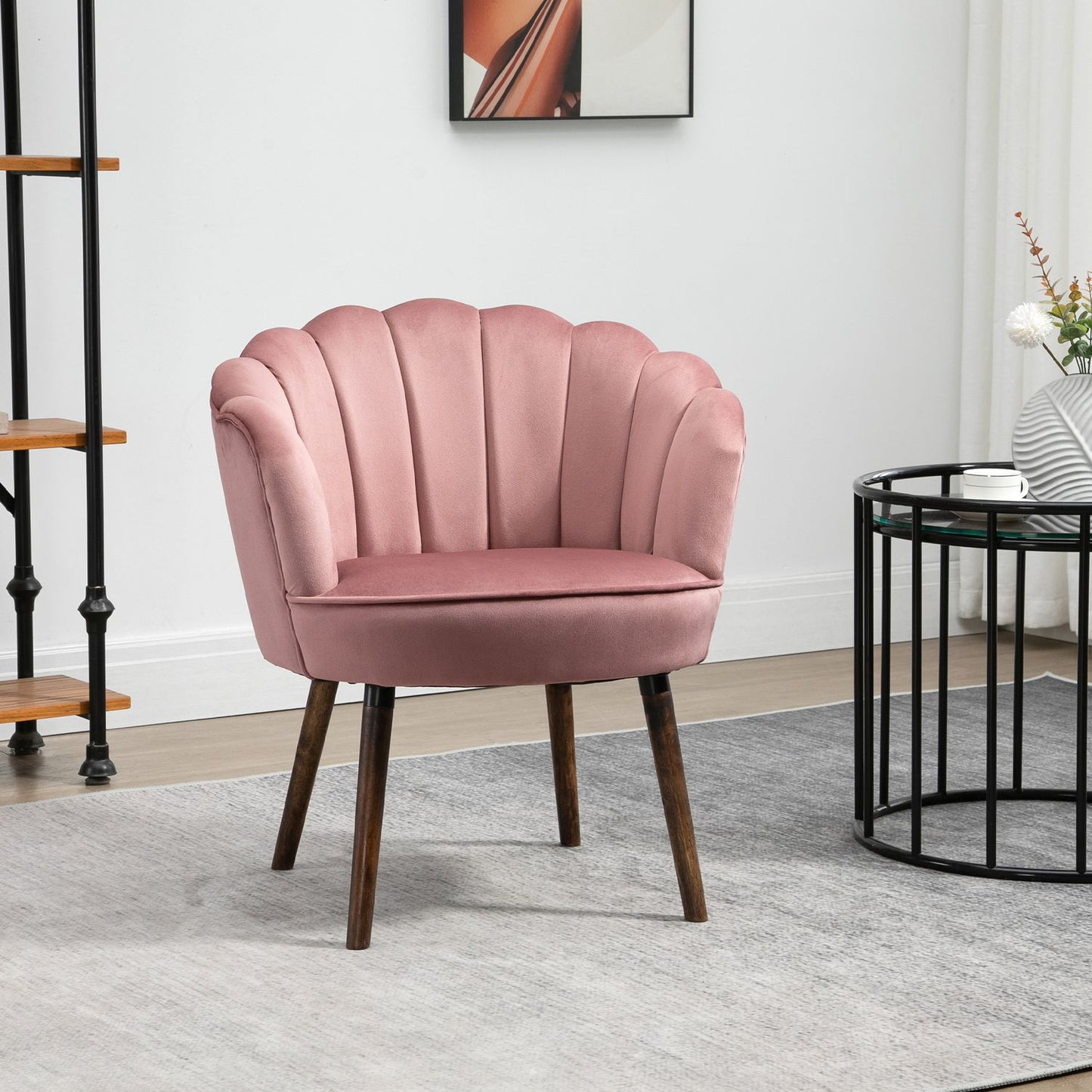 Pink armchair with backrest - polyester, rubber wood