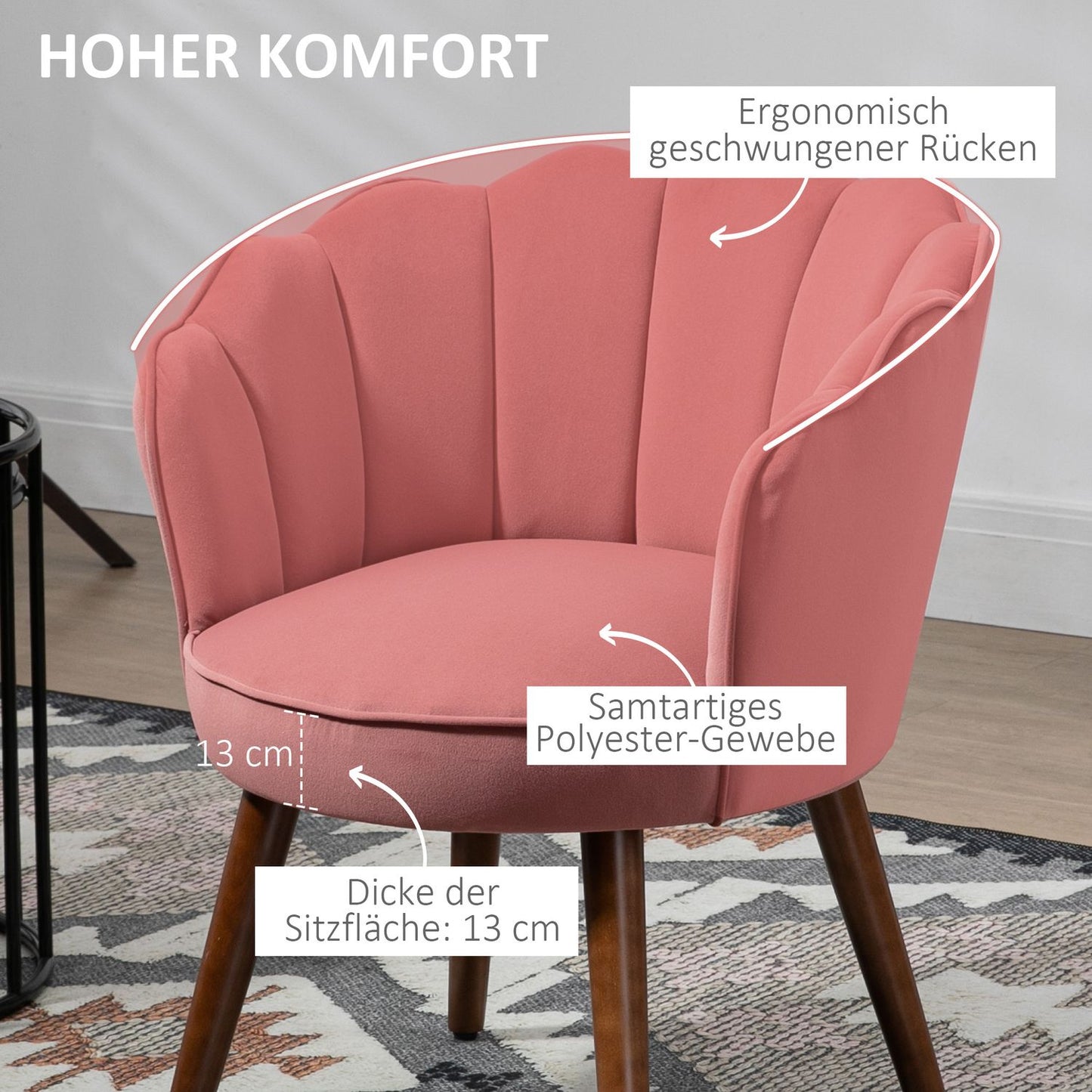 Pink armchair with backrest - polyester, rubber wood