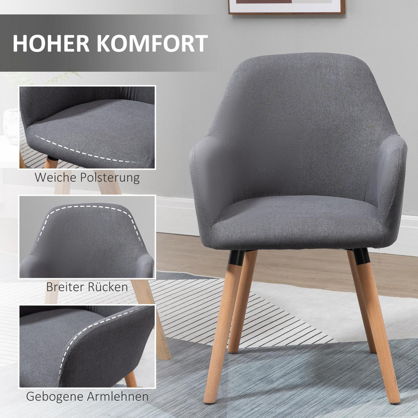 Dark gray upholstered chair, linen fabric, beech wood