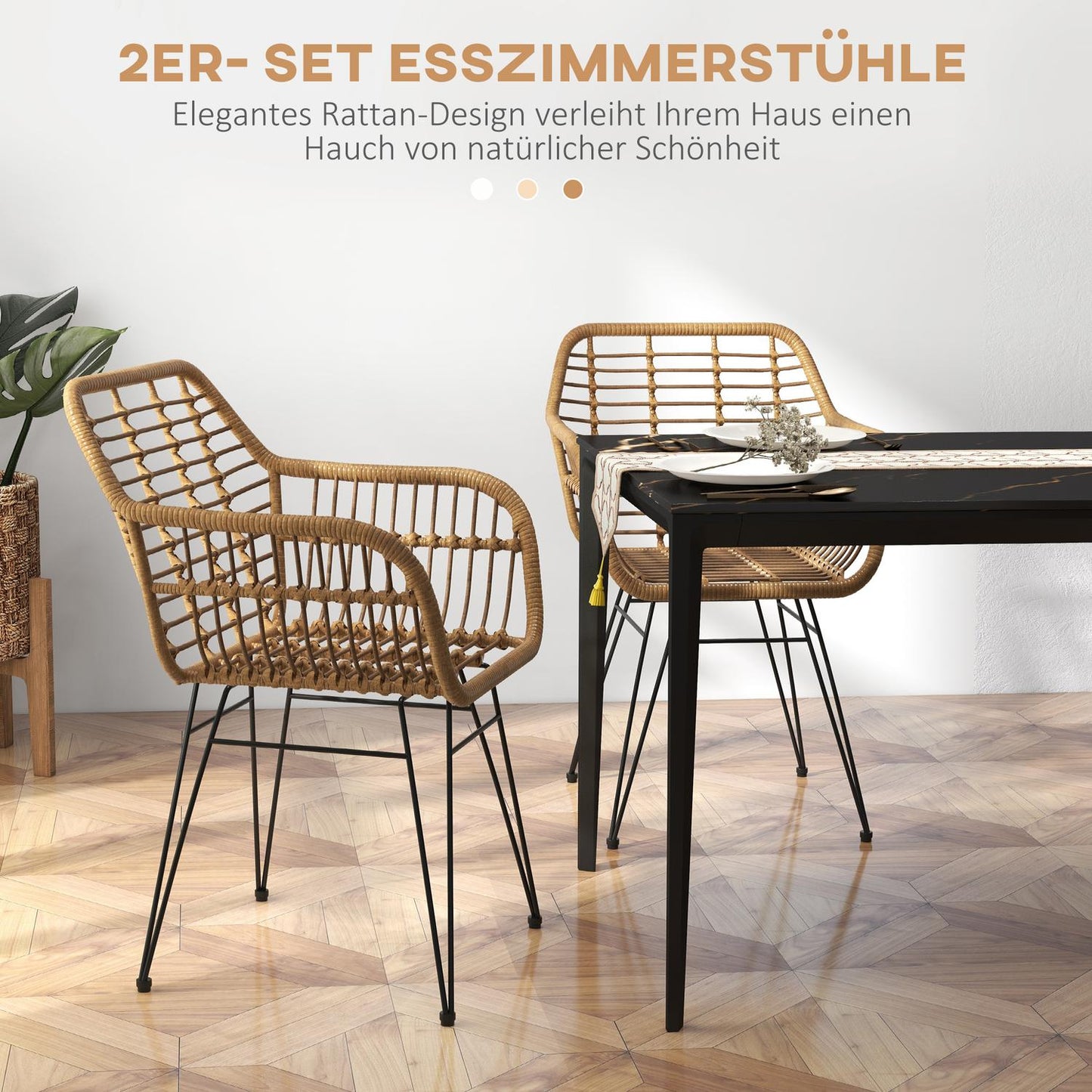 Set of 2 dining chairs in light brown steel with backrest