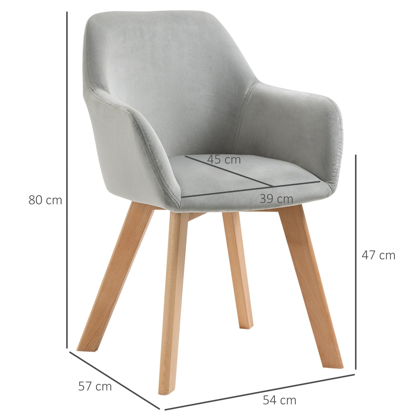 Set of 2 dining chairs in gray velvet with armrests