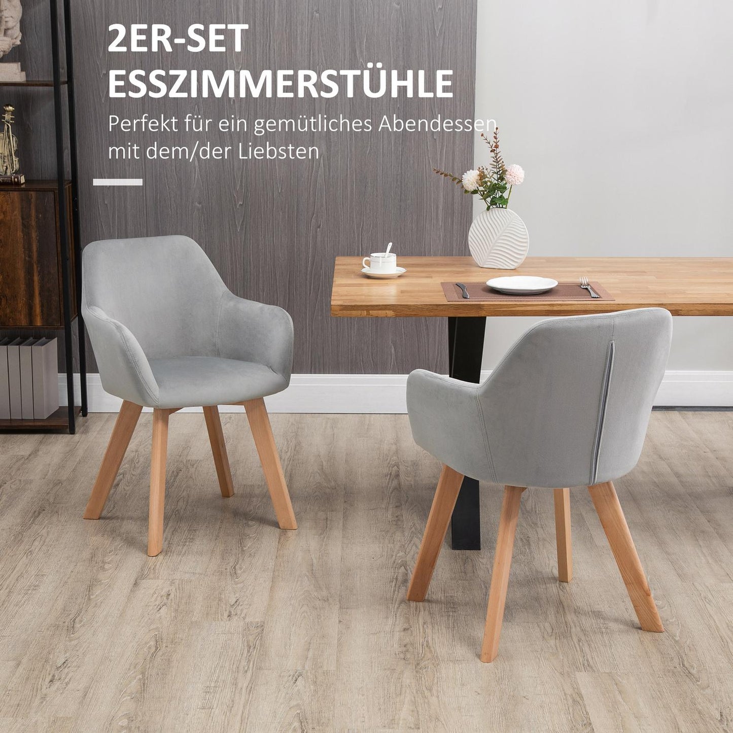 Set of 2 dining chairs in gray velvet with armrests