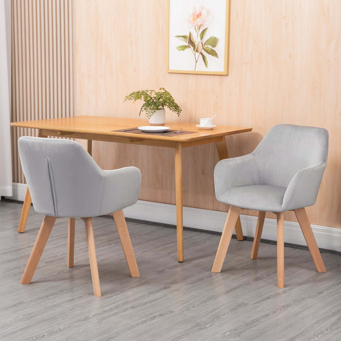 Set of 2 dining chairs in gray velvet with armrests