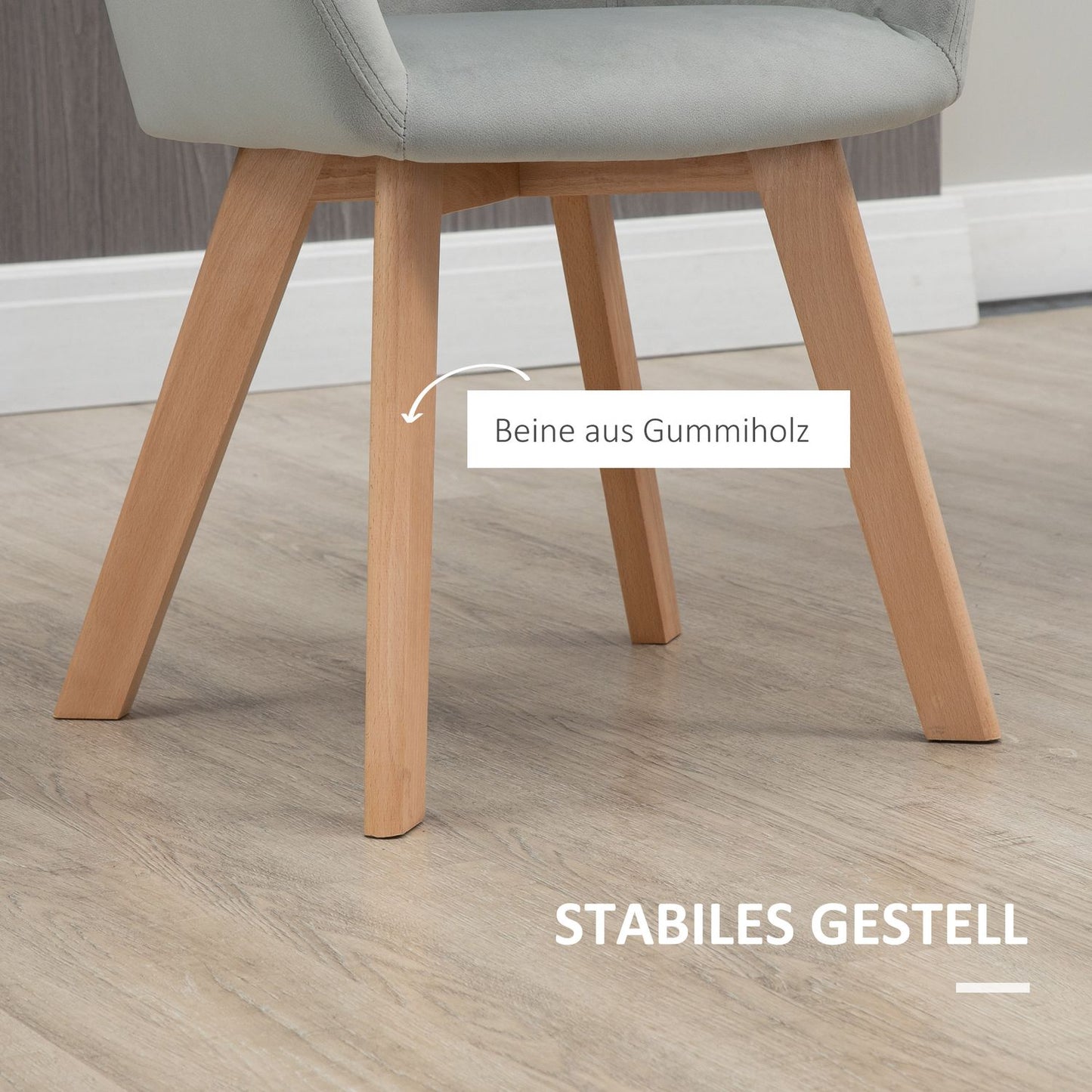 Set of 2 dining chairs in gray velvet with armrests