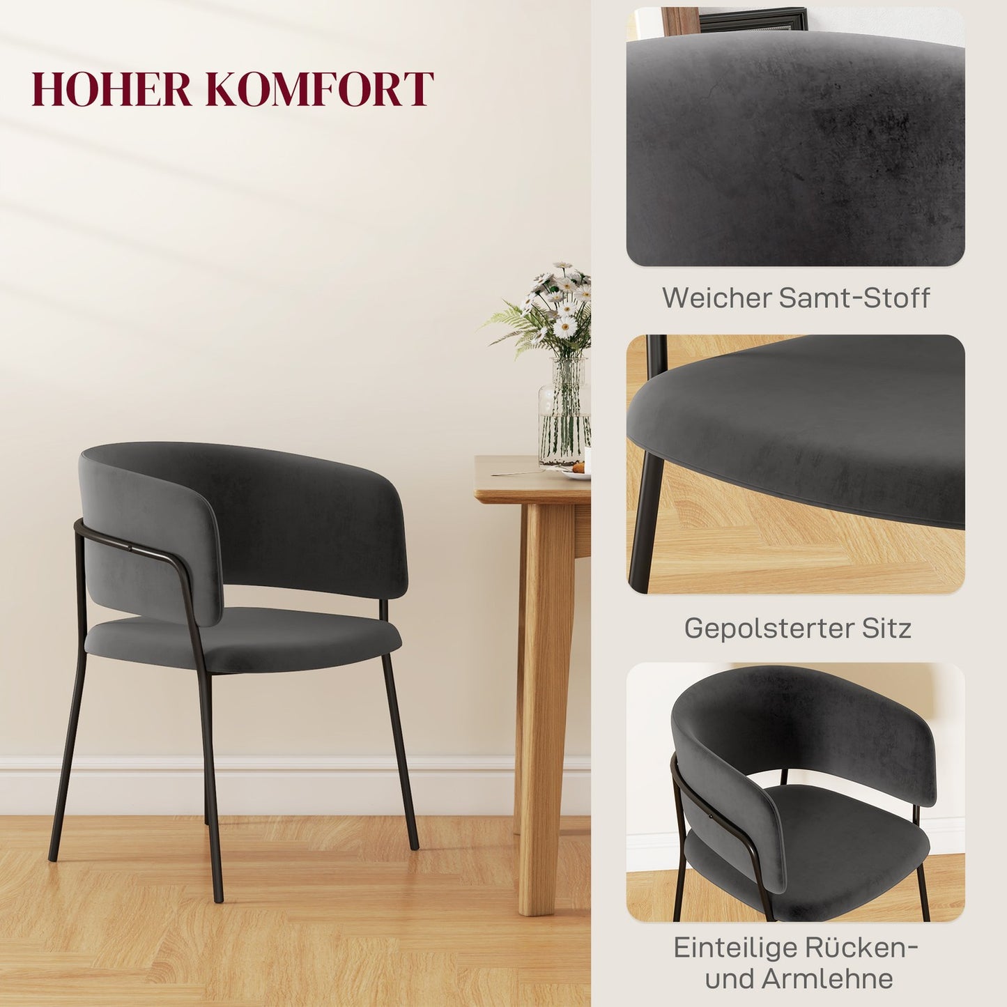 Set of dining room chairs, velvet look, grey, steel legs