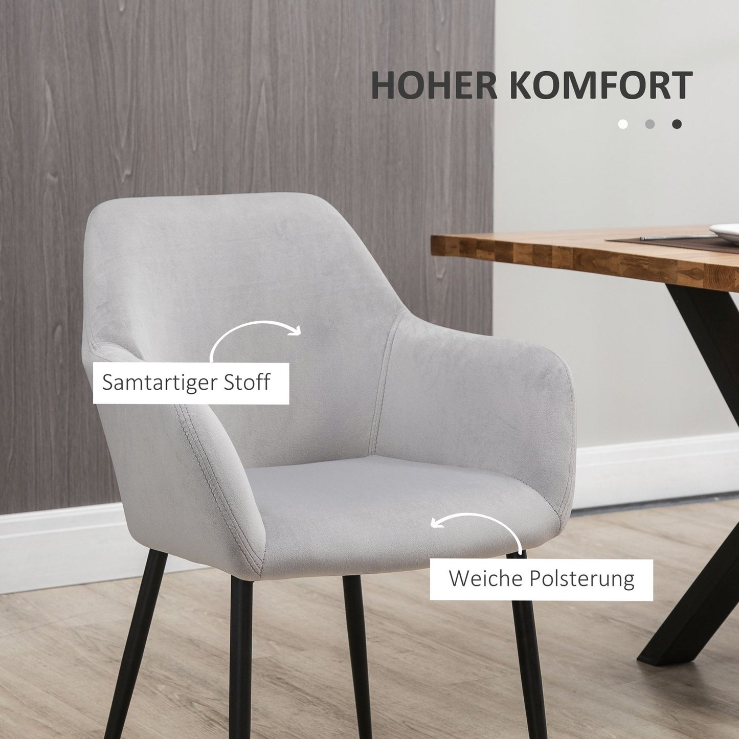 Velvet upholstered dining chairs, set of 2, light grey