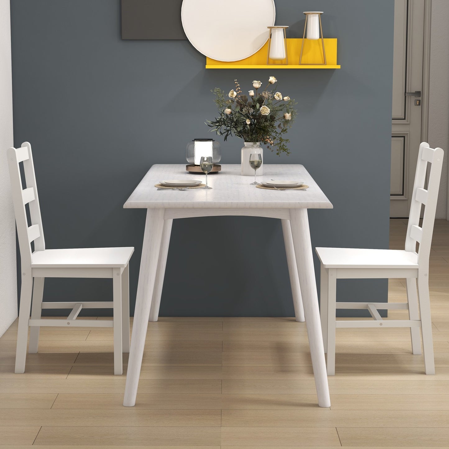 Dining room chairs set of 2 wooden kitchen chairs with slatted backrest, non-slip 41.5 x 46 x 90 cm white