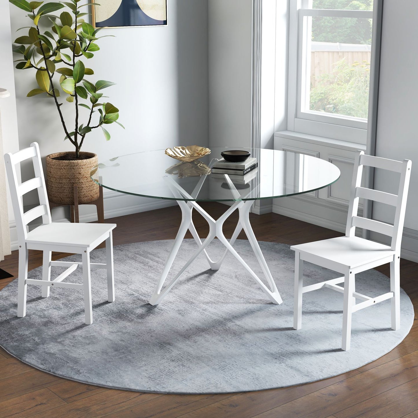 Dining room chairs set of 2 wooden kitchen chairs with slatted backrest, non-slip 41.5 x 46 x 90 cm white
