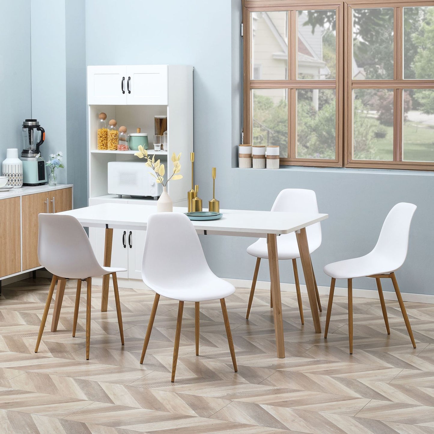 Set of 4 dining chairs, metal legs, white & natural