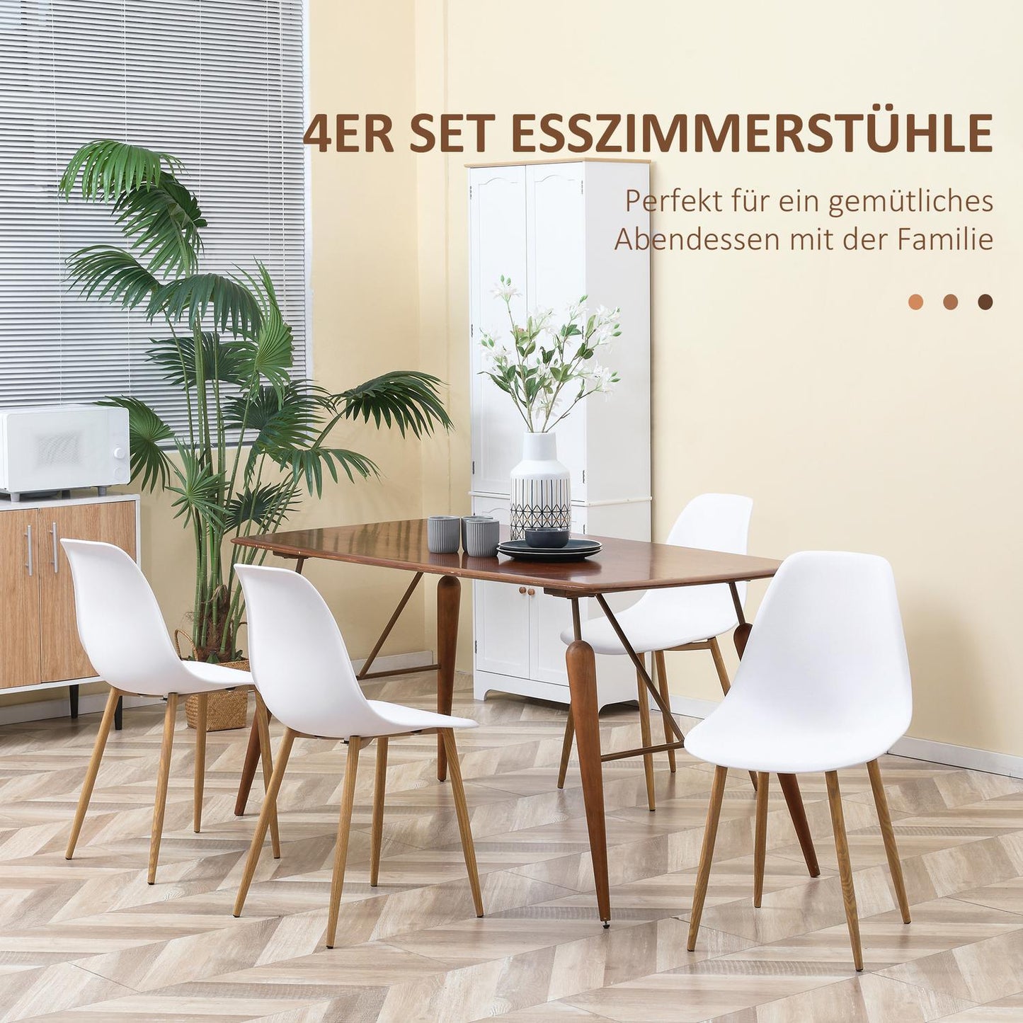 Set of 4 dining chairs, metal legs, white & natural