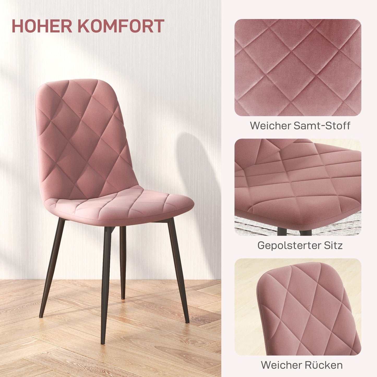 Dining room chairs set of 4 kitchen chairs with backrest, velvet look, armchair 45 x 54 x 87 cm pink