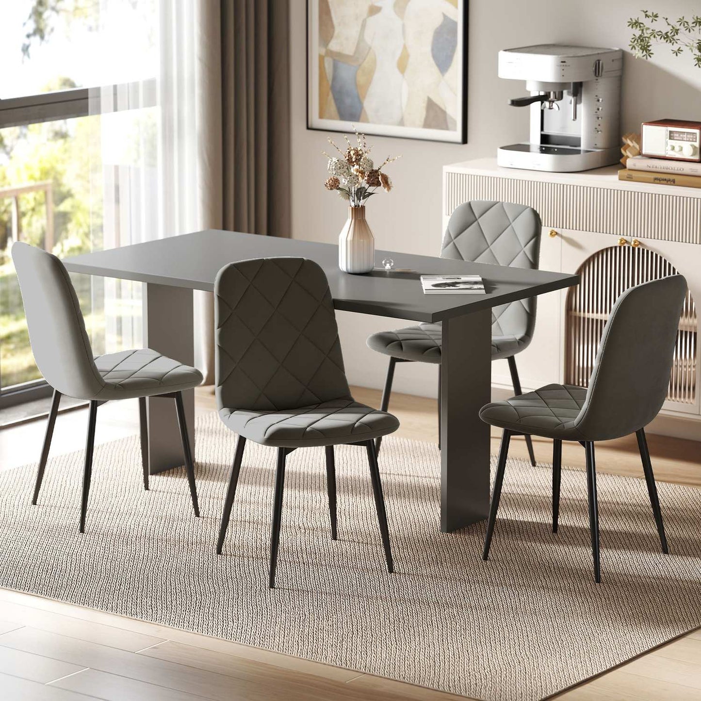 Dining room chairs, set of 4 kitchen chairs with backrest, velvet look, upholstered chairs with metal legs, for dining table, grey