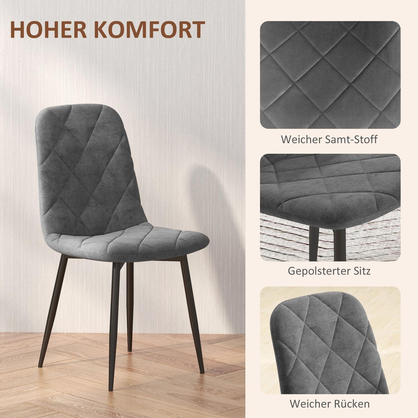 Dining room chairs, set of 4 kitchen chairs with backrest, velvet look, upholstered chairs with metal legs, for dining table, grey