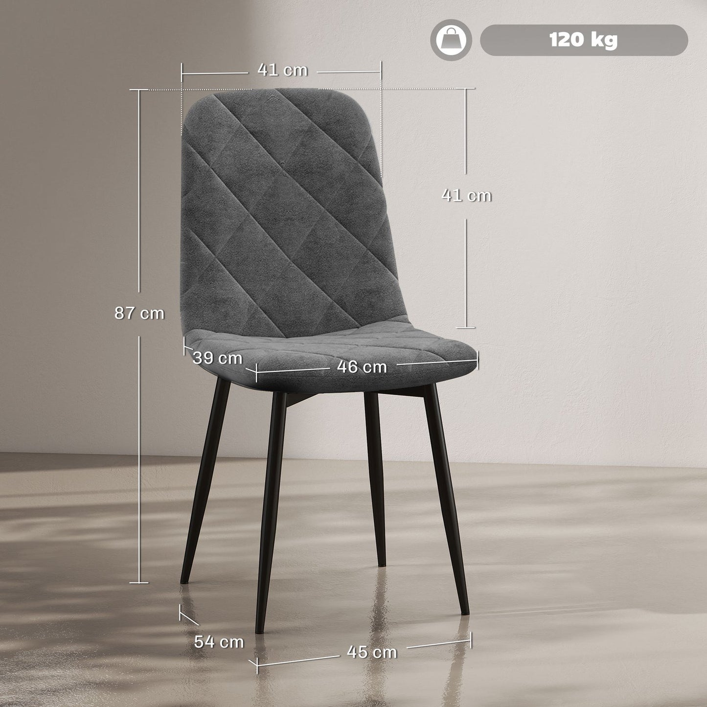 Dining room chairs, set of 4 kitchen chairs with backrest, velvet look, upholstered chairs with metal legs, for dining table, grey