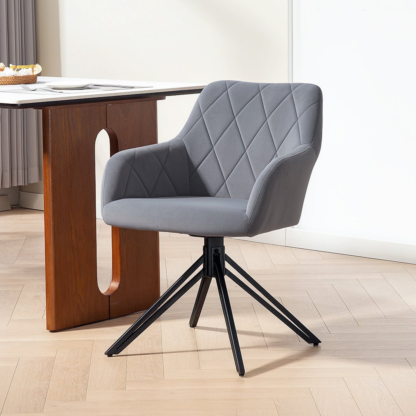 Velvet upholstered dining chair with armrests - steel grey