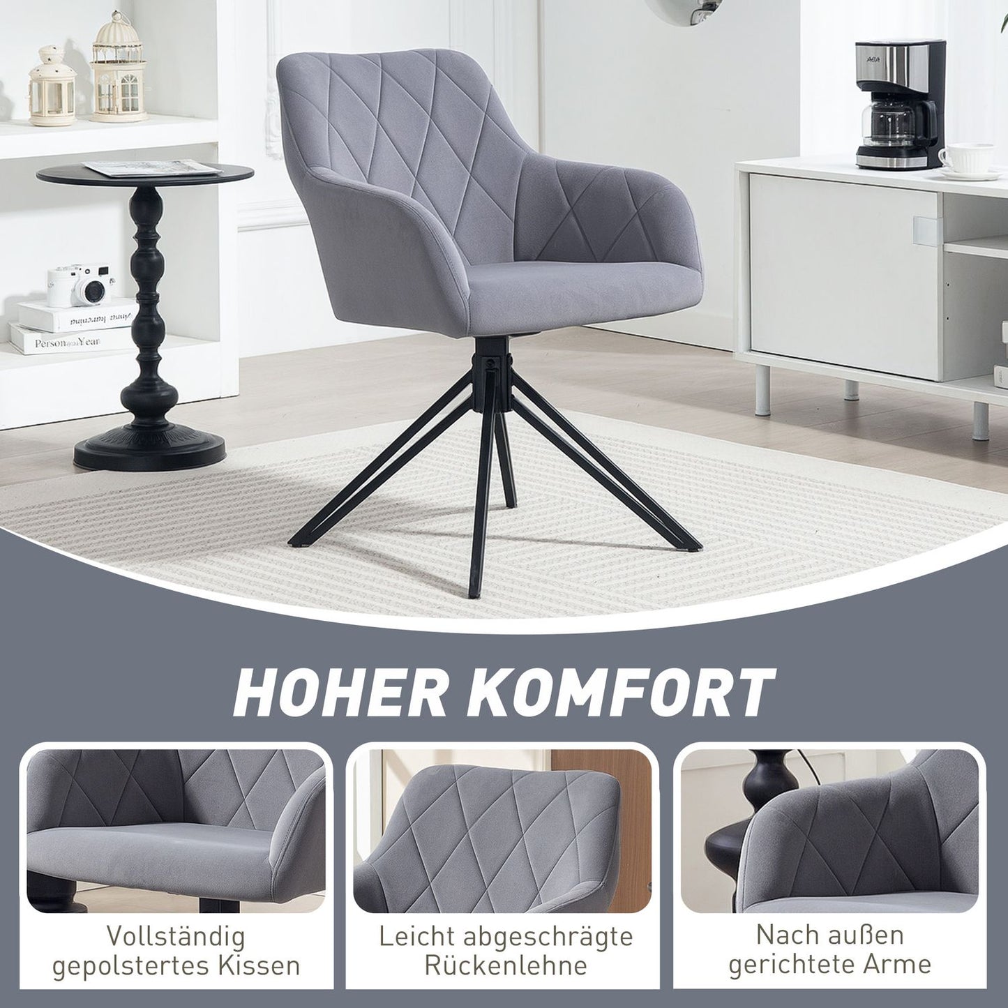 Velvet upholstered dining chair with armrests - steel grey