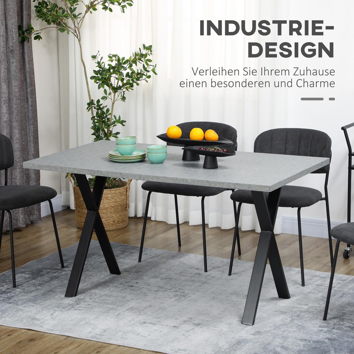 Dining table in gray stone look for 6 with steel legs