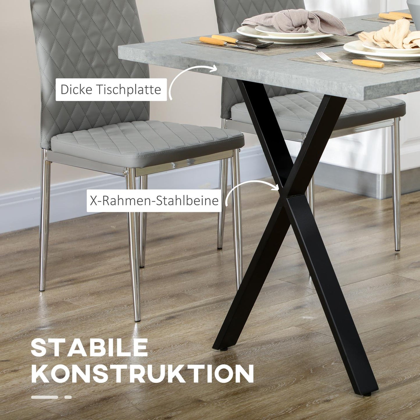 Dining table in gray stone look for 6 with steel legs